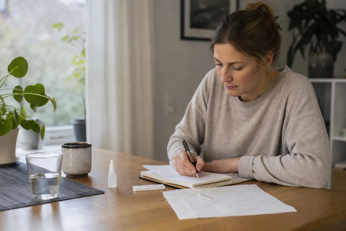 Ett litet självtestkit för allergi med provrör och teststicka på ett köksbord