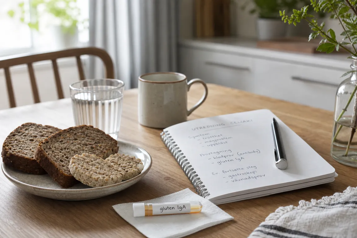 Provrör för antikroppstest bredvid brödbakverk som symbol för glutentest