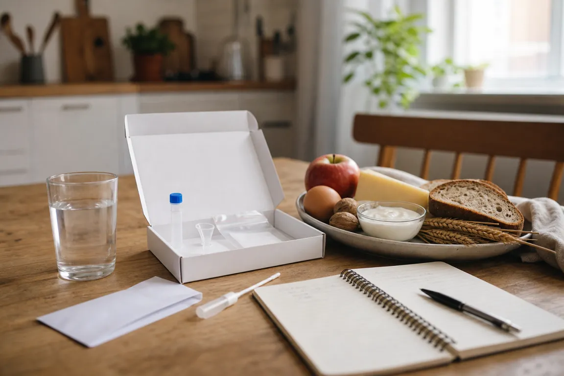 Provtagningskit för matintolerans med teströr och instruktionsblad hemma