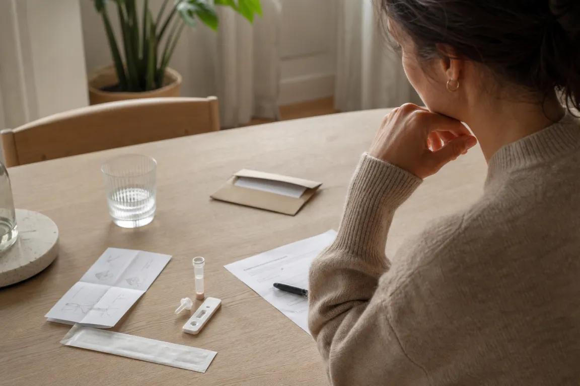 Ett självtest med avläst resultat bredvid en mobilskärm med ett videosamtal