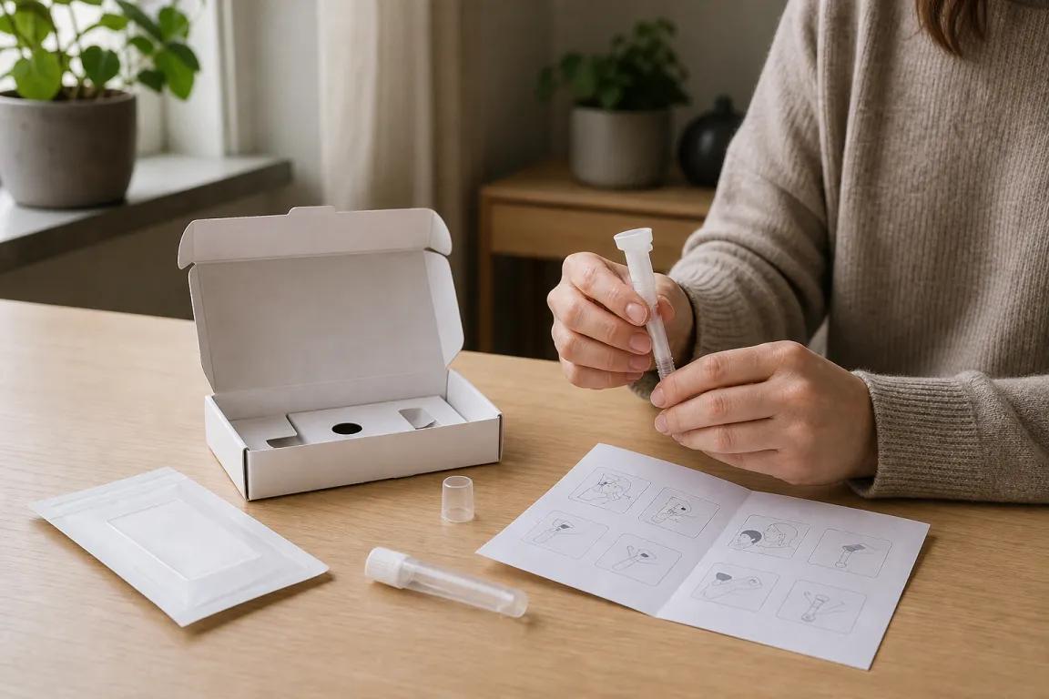 Provrör för salivprov bredvid en förpackning för DNA-test