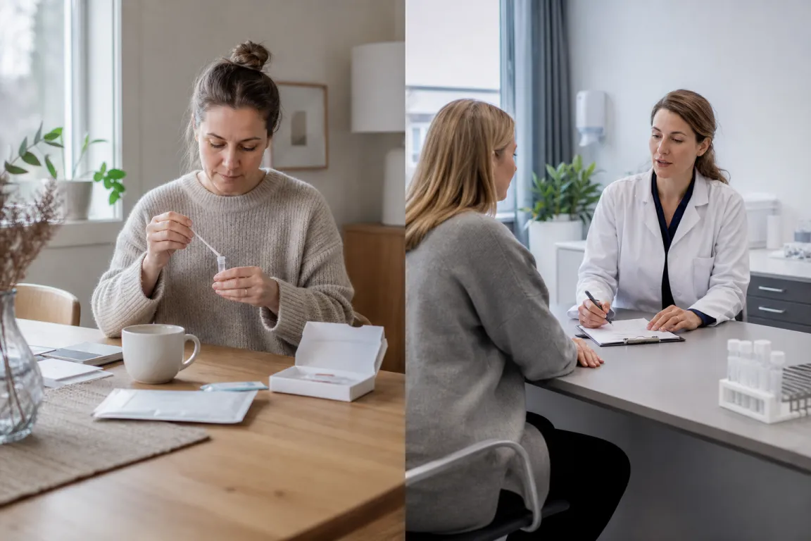 Två vägar illustrerade: ett hemtestkit och en vårdmottagning för genetisk utredning