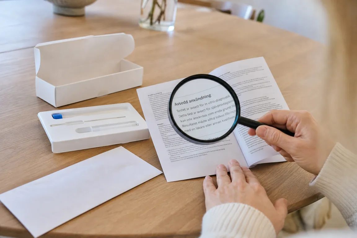 Bruksanvisning till ett test uppslagen bredvid testkitet