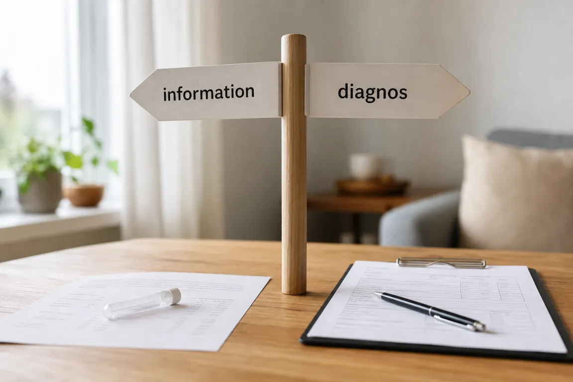 Provsvar bredvid ett anteckningsblock, symboliserar skillnaden mellan resultat och diagnos