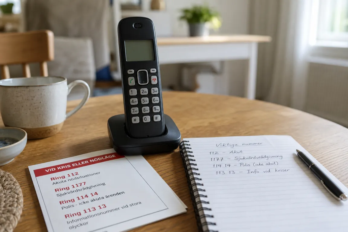 Person håller i en telefon med kontaktuppgifter till 1177 och en stödlinje synliga bredvid