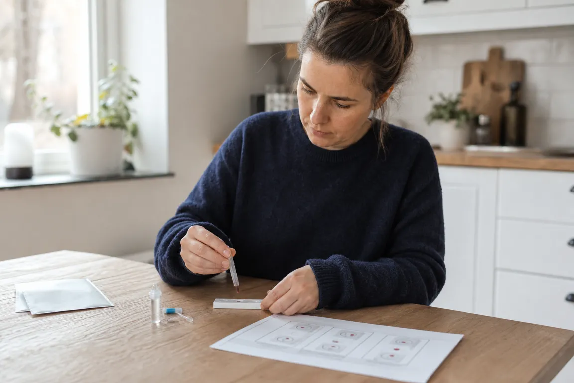 Blodgruppstest med testkort och en droppe blod som analyseras för AB0 och RhD